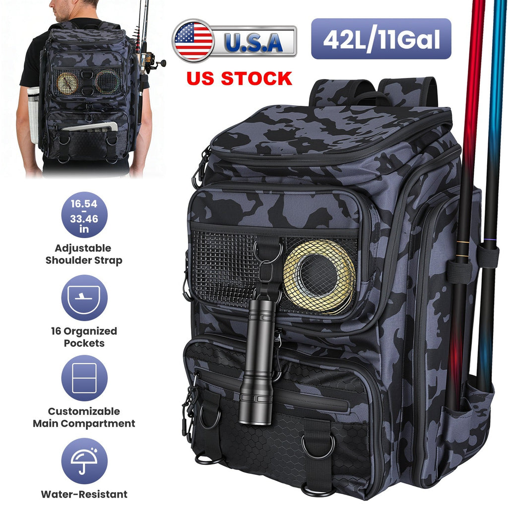 42L/11Gal Fishing Backpack Large Capacity Fishing Tackle Storage Bag with Rod Holders 16-Pocket Water-Resistant – view 8