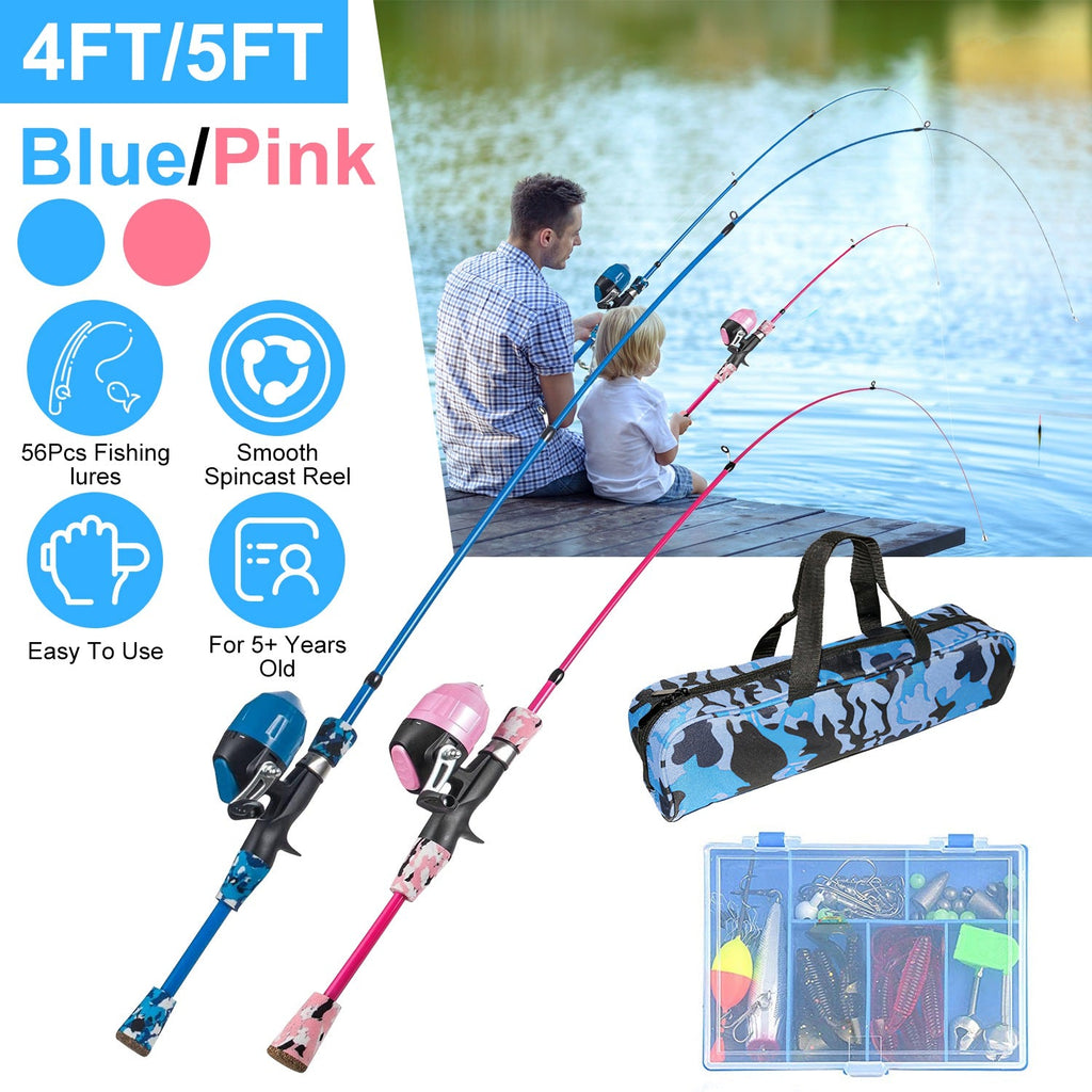 Kids Fishing Pole Set Fishing Starter Kit Telescopic Fishing Rod and Reel Combo Kit with Tackle Box 56Pcs Fishing Lures for Boys Girls