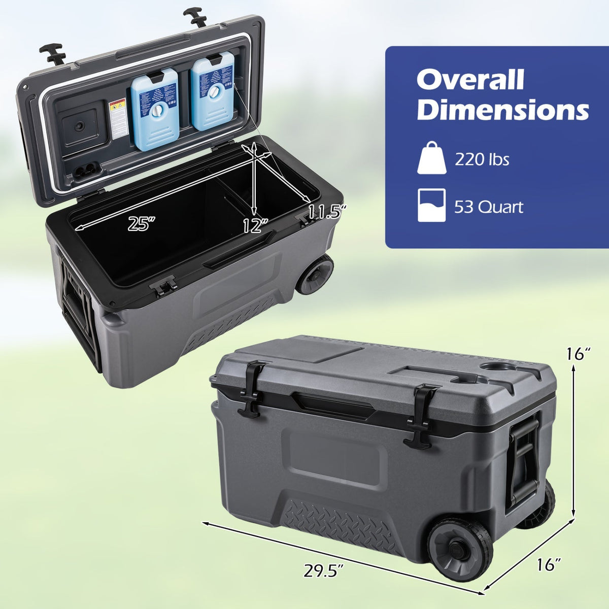 53 Quart Rolling Cooler with Wheels and Fish Ruler