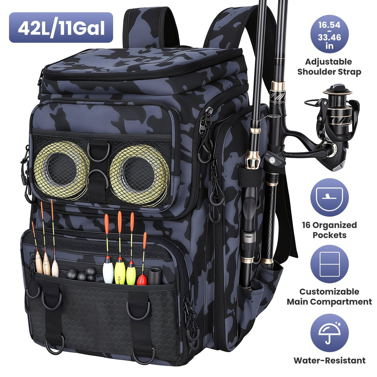 42L/11Gal Fishing Backpack Large Capacity Fishing Tackle Storage Bag with Rod Holders 16-Pocket Water-Resistant – view 3