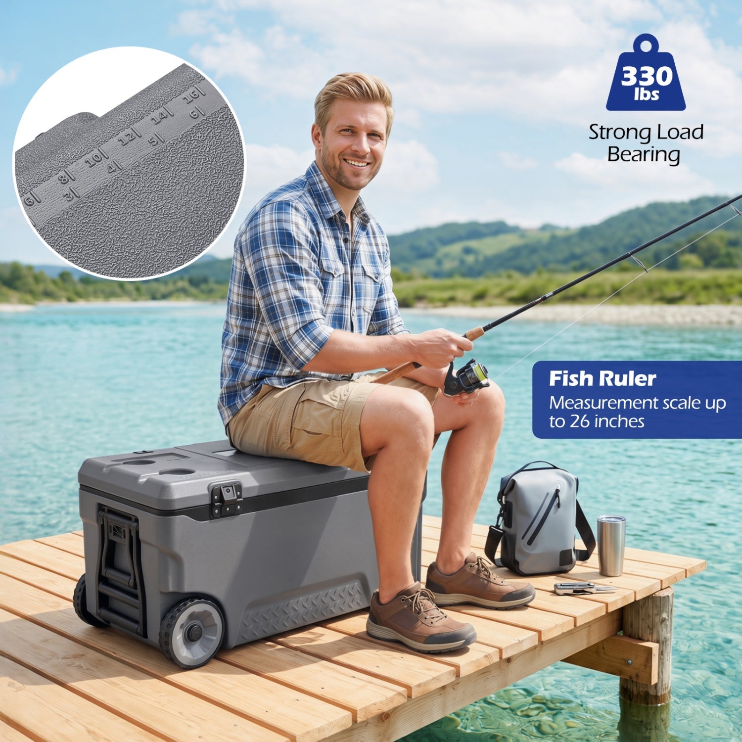 74 Quart Rolling Cooler with Wheels and Fish Ruler