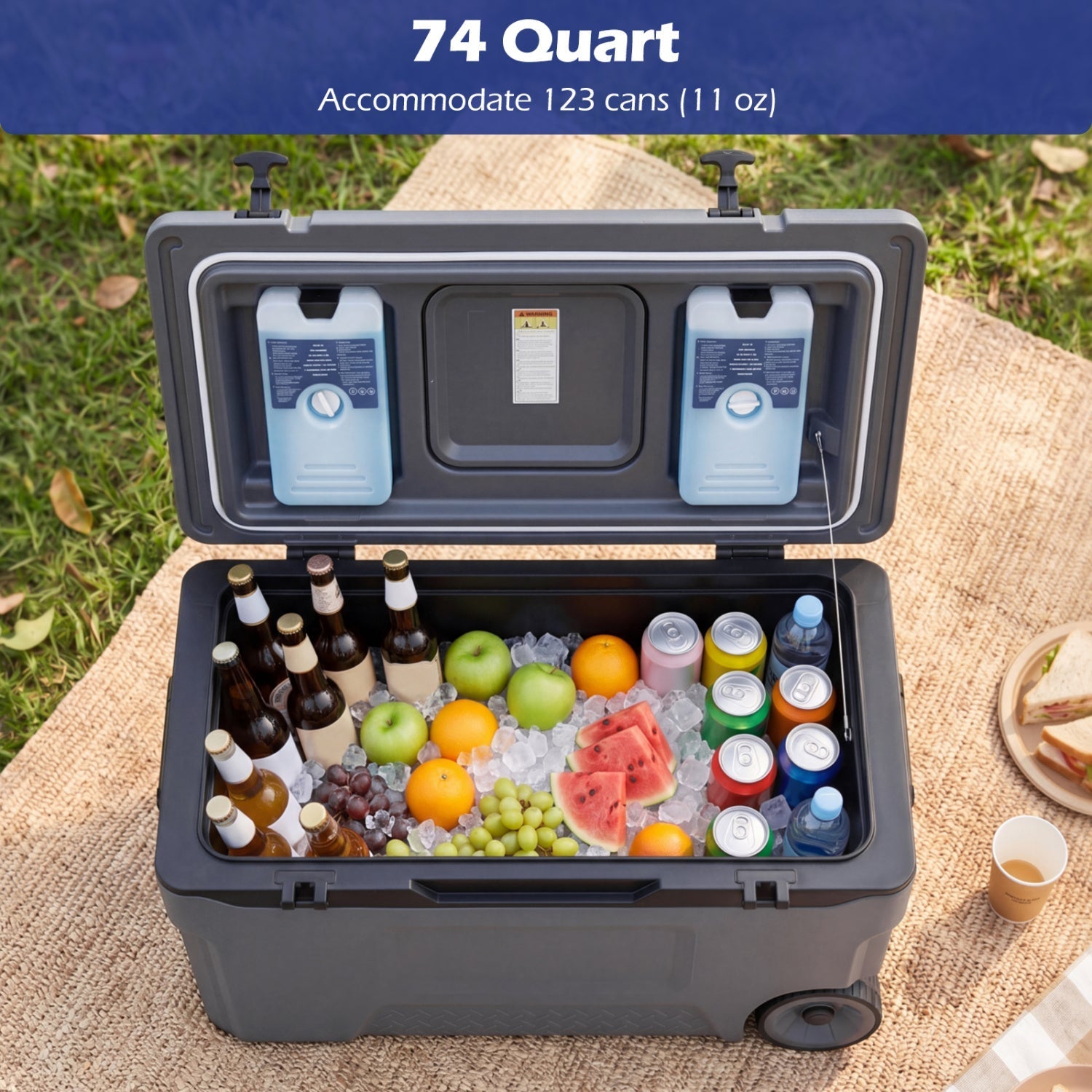 74 Quart Rolling Cooler with Wheels and Fish Ruler