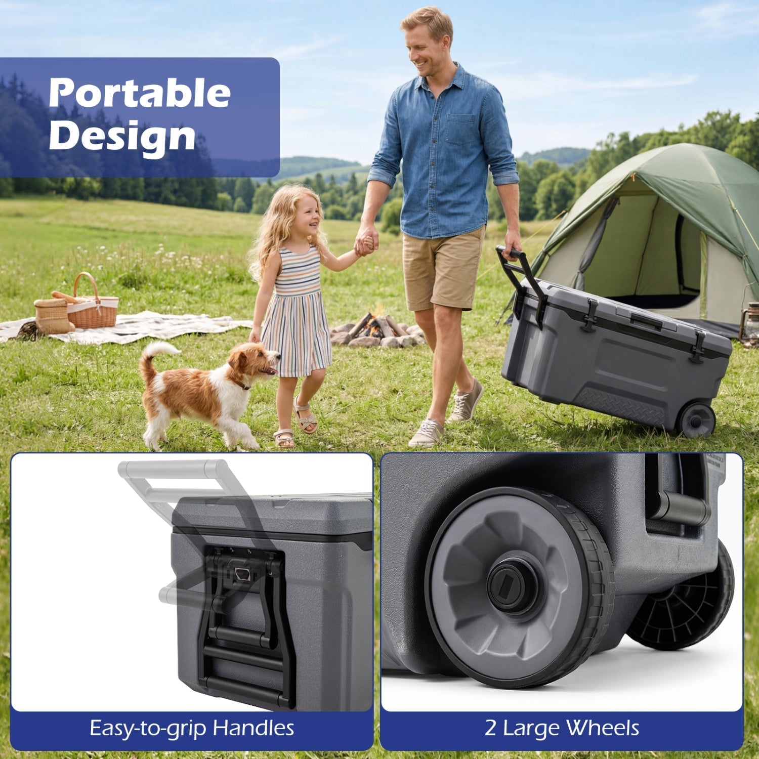 74 Quart Rolling Cooler with Wheels and Fish Ruler