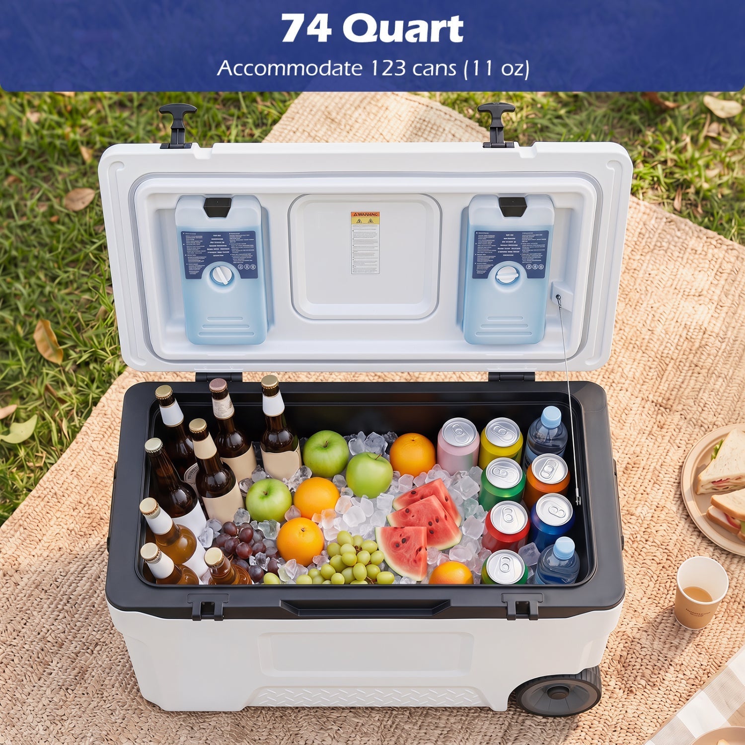 74 Quart Rolling Cooler with Wheels and Fish Ruler