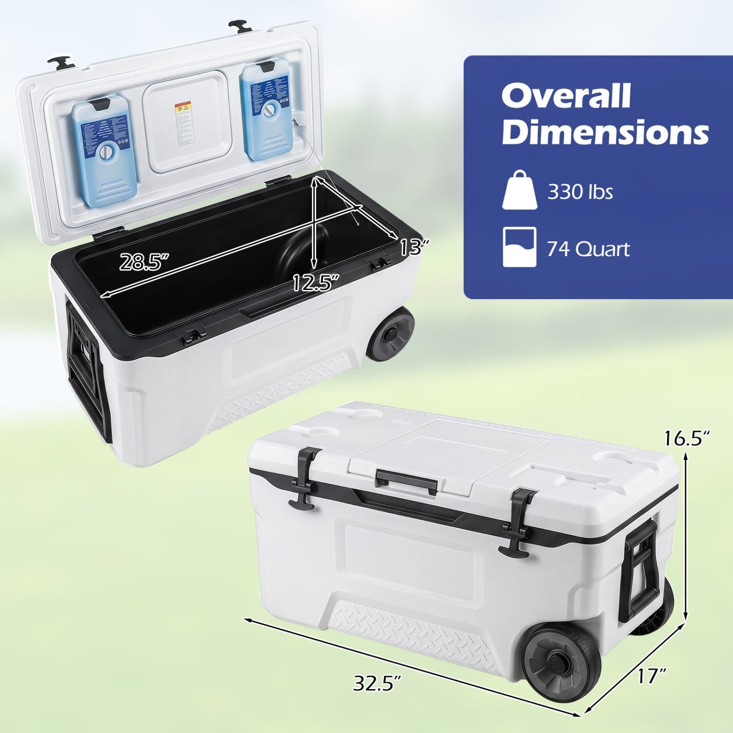 74 Quart Rolling Cooler with Wheels and Fish Ruler
