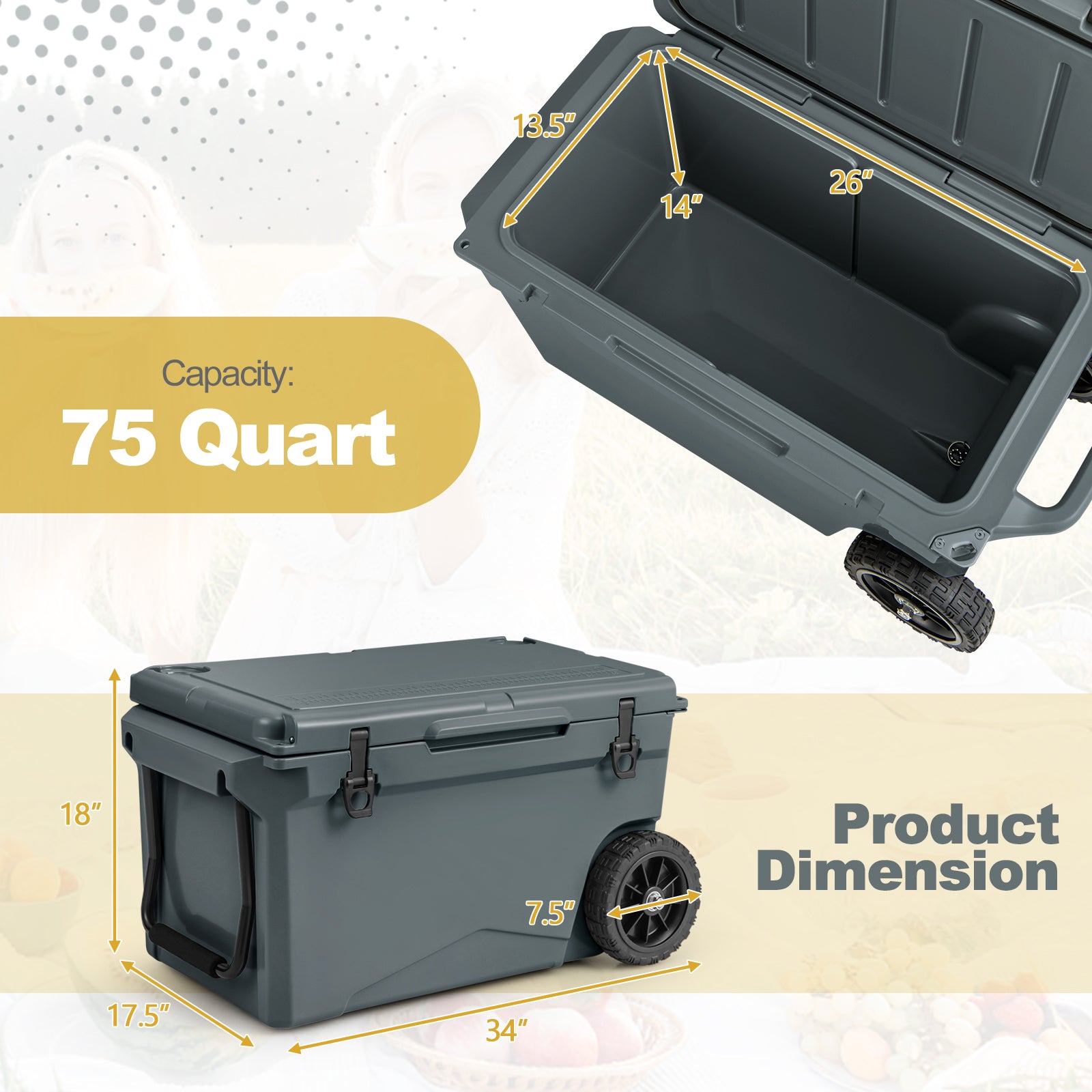 75 Quart Portable Cooler Rotomolded Ice Chest with Handles and Wheels
