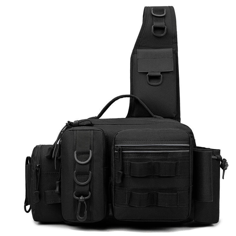 Men's Fishing Backpack: Equipped with bait box, equipment storage bag, pole holder, sling & shoulder bag design.