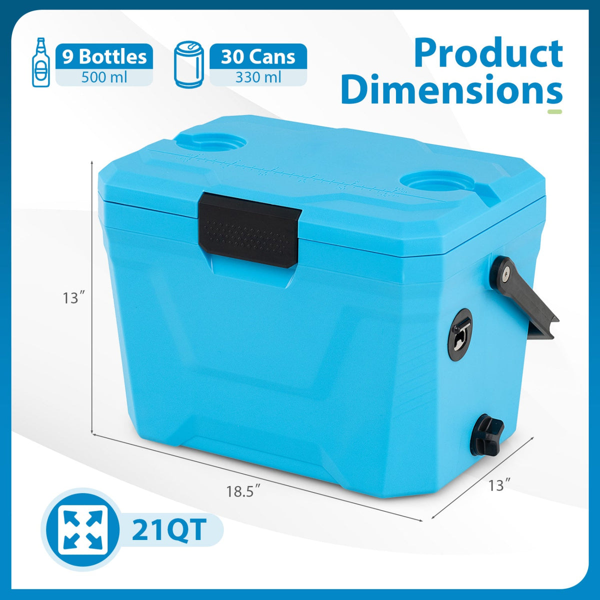 Insulated Portable Cooler Hard Shell Ice Chest with 2 Cup Holders – view 5