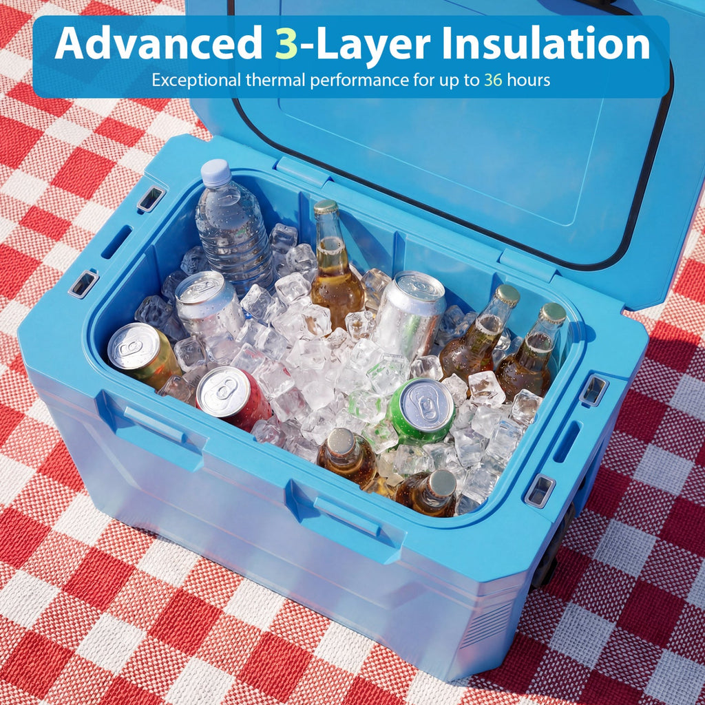Insulated Portable Cooler Hard Shell Ice Chest with 2 Cup Holders Bottle Opener and Drain Plug