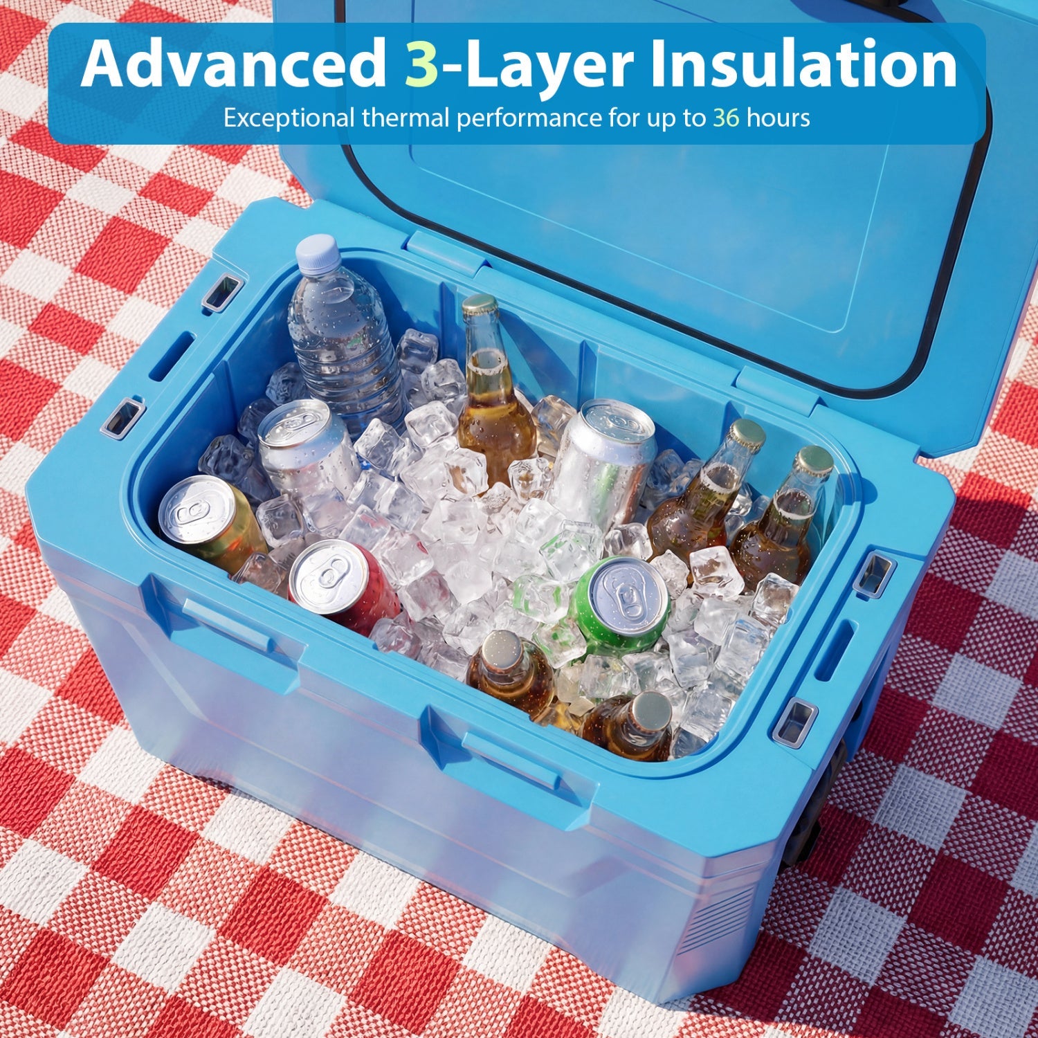 Insulated Portable Cooler Hard Shell Ice Chest with 2 Cup Holders Bottle Opener and Drain Plug