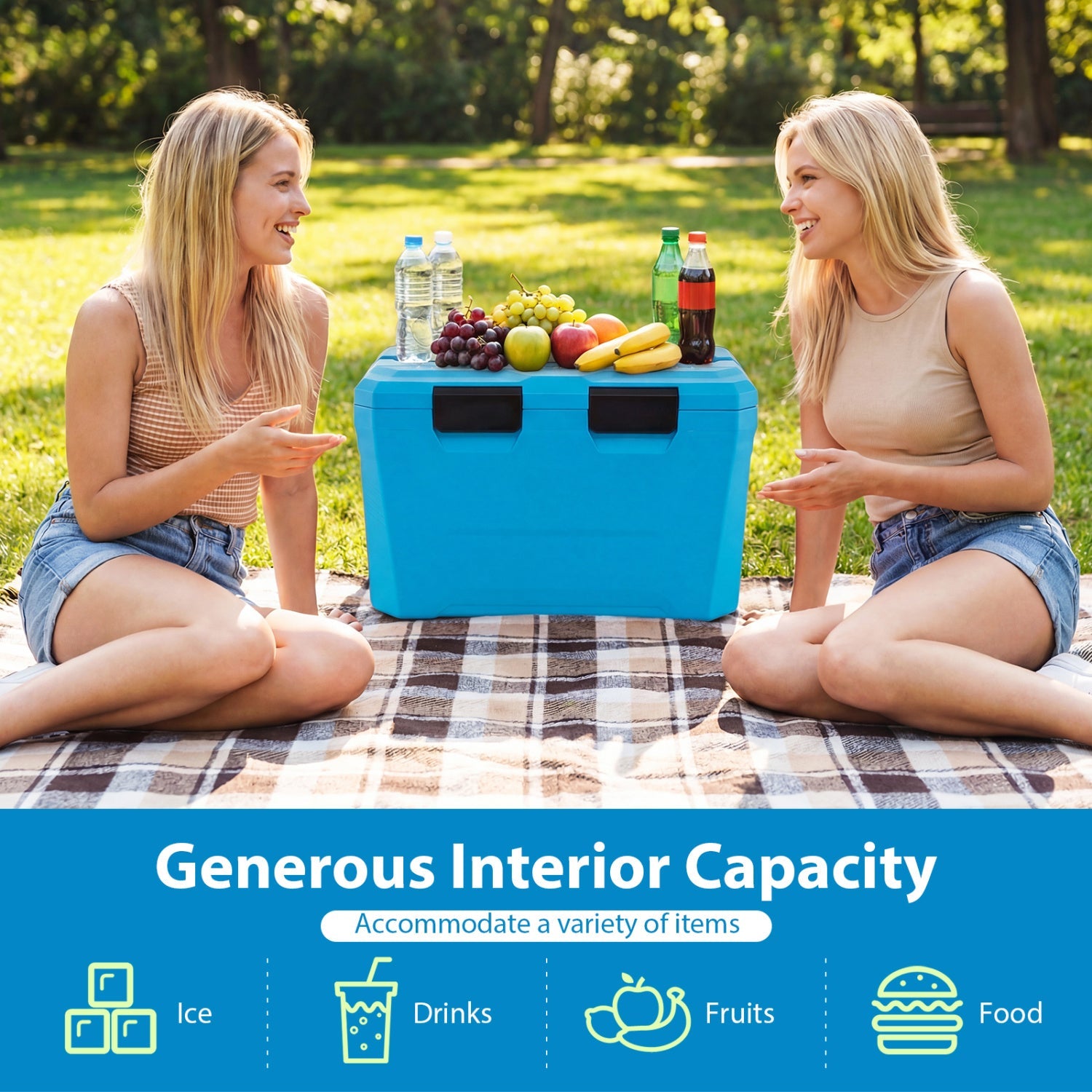 Insulated Portable Cooler Hard Shell Ice Chest with 2 Cup Holders Bottle Opener and Drain Plug