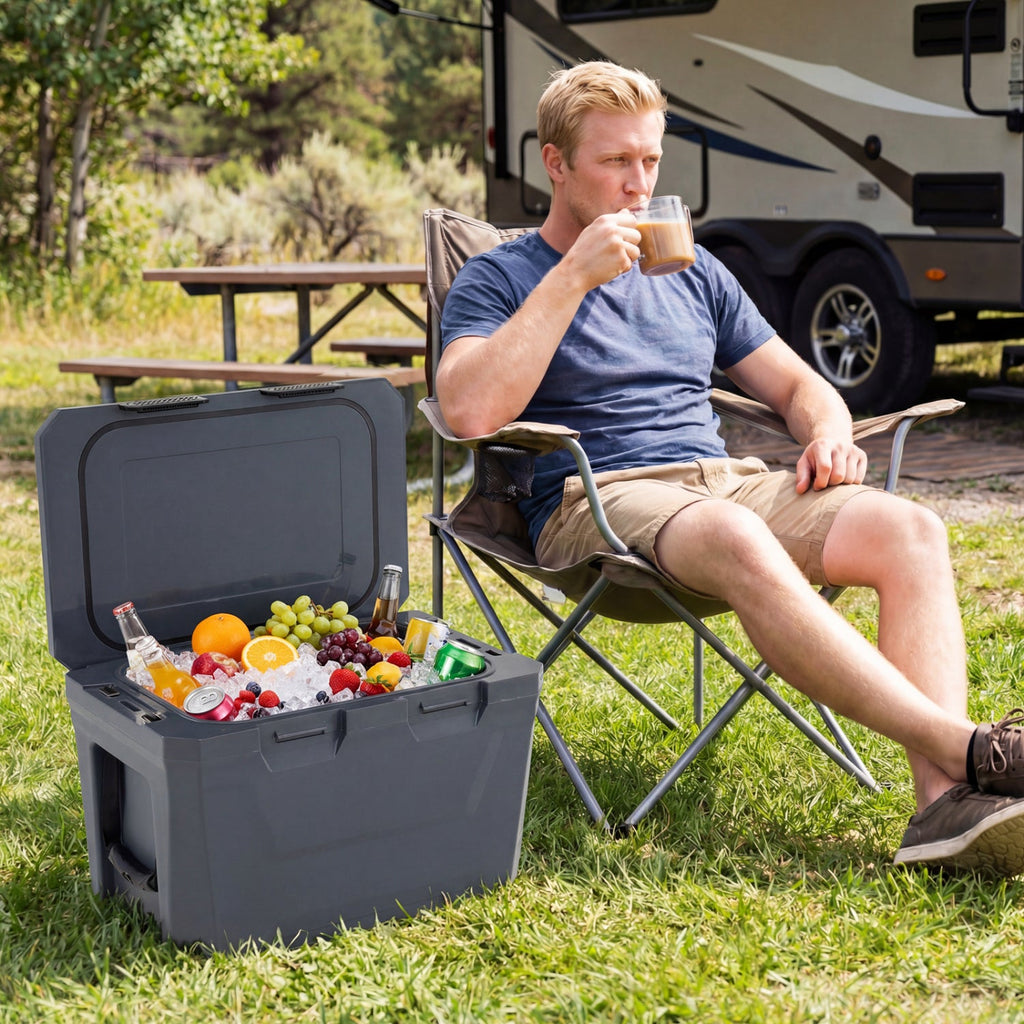 Insulated Portable Cooler Hard Shell Ice Chest with 2 Cup Holders Bottle Opener and Drain Plug