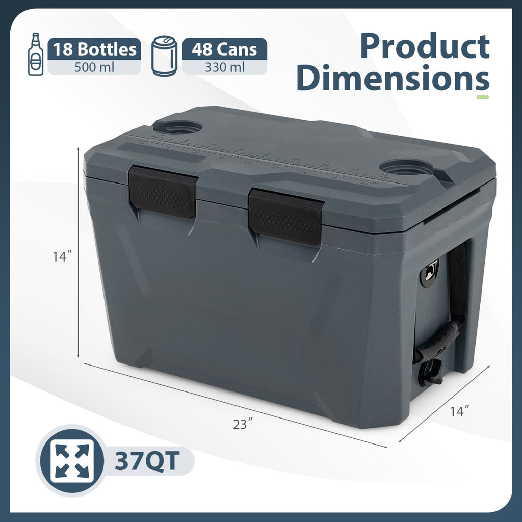 Insulated Portable Cooler Hard Shell Ice Chest with 2 Cup Holders Bottle Opener and Drain Plug
