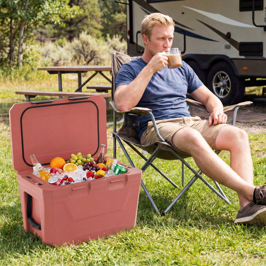 Insulated Portable Cooler Hard Shell Ice Chest with 2 Cup Holders Bottle Opener and Drain Plug