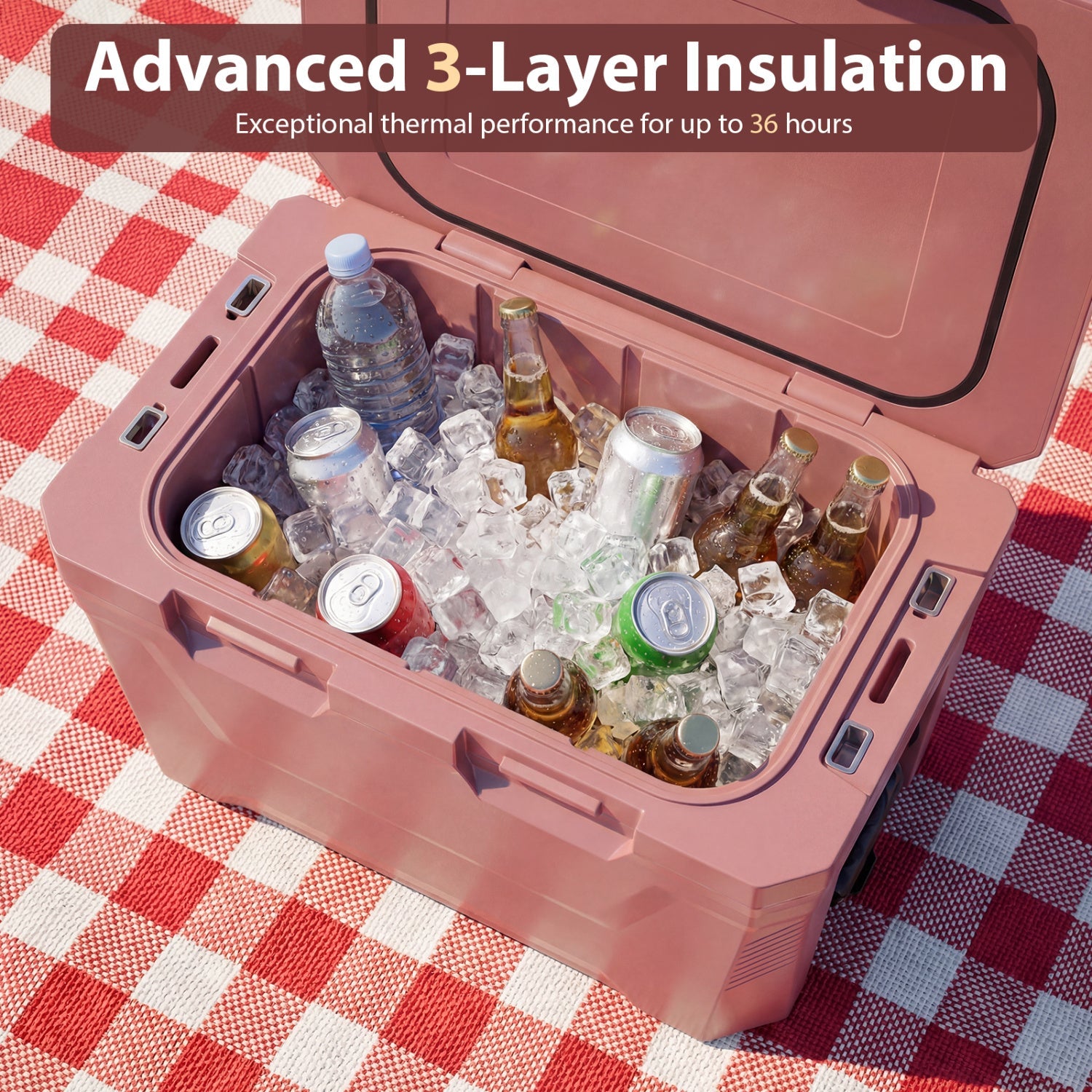 Insulated Portable Cooler Hard Shell Ice Chest with 2 Cup Holders Bottle Opener and Drain Plug