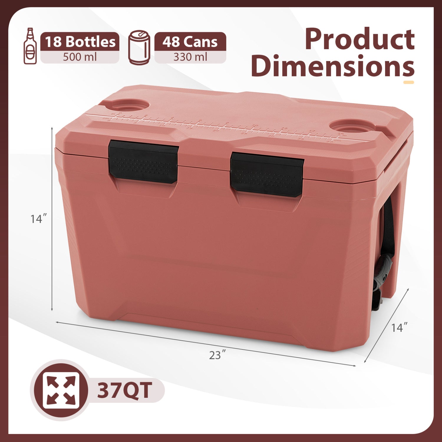 Insulated Portable Cooler Hard Shell Ice Chest with 2 Cup Holders Bottle Opener and Drain Plug