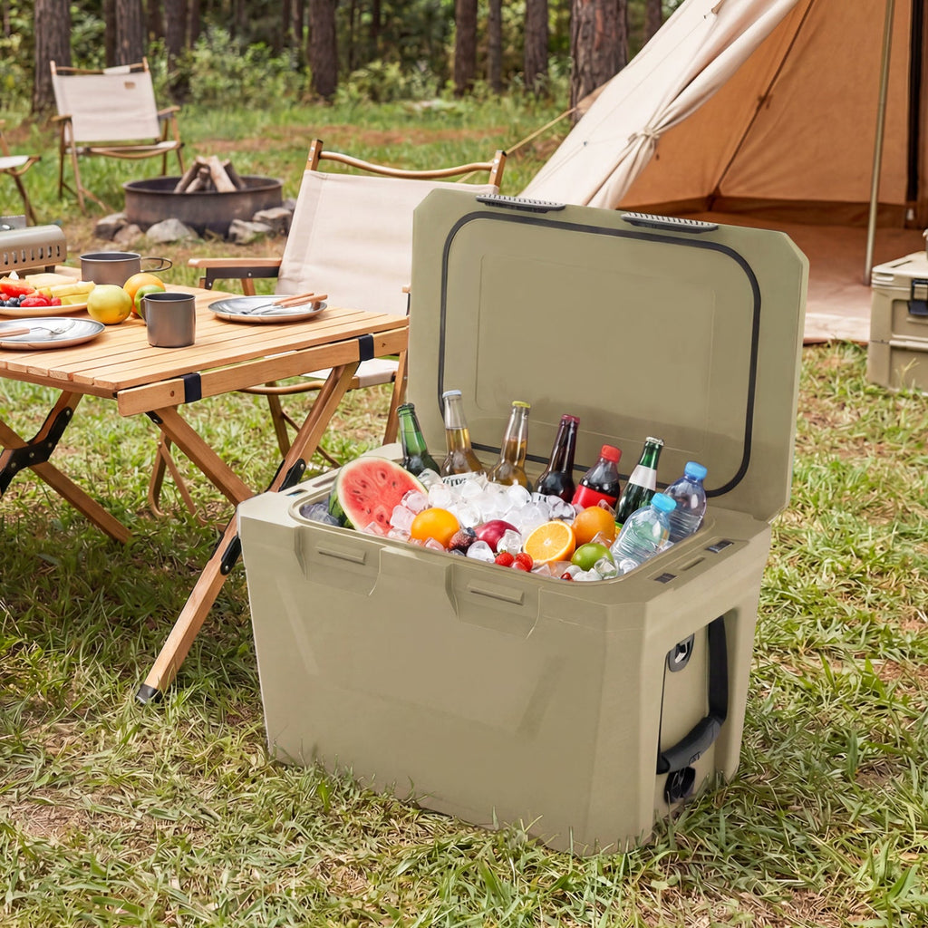 Insulated Portable Cooler Hard Shell Ice Chest with 2 Cup Holders Bottle Opener and Drain Plug
