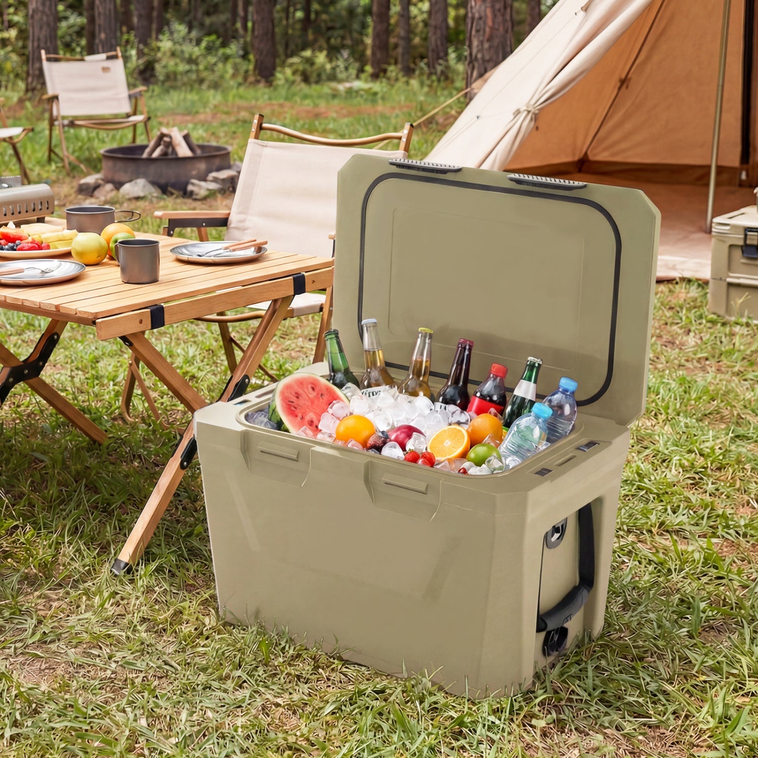 Insulated Portable Cooler Hard Shell Ice Chest with 2 Cup Holders Bottle Opener and Drain Plug
