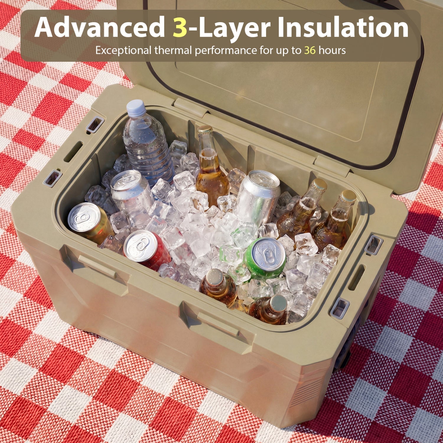 Insulated Portable Cooler Hard Shell Ice Chest with 2 Cup Holders Bottle Opener and Drain Plug