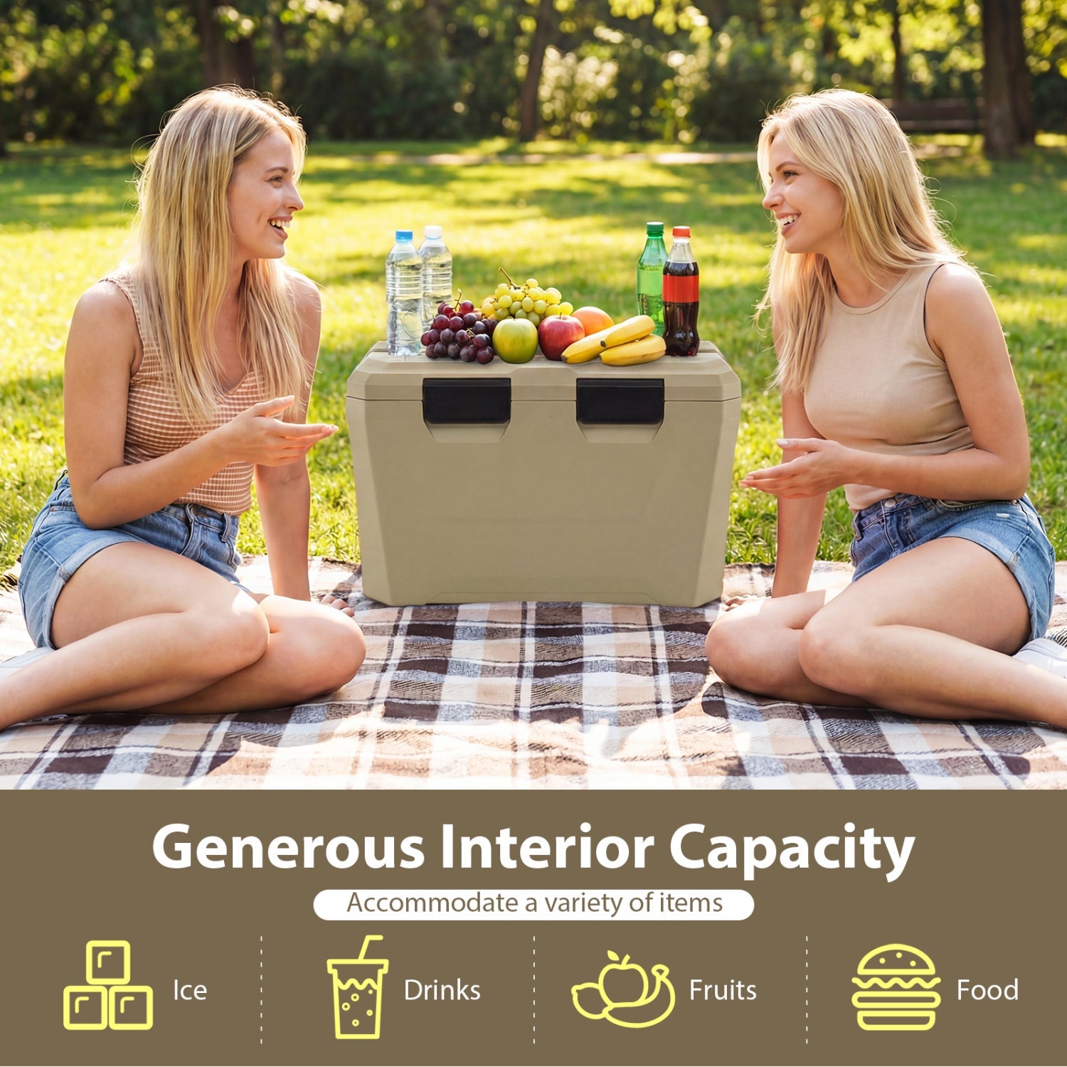 Insulated Portable Cooler Hard Shell Ice Chest with 2 Cup Holders Bottle Opener and Drain Plug