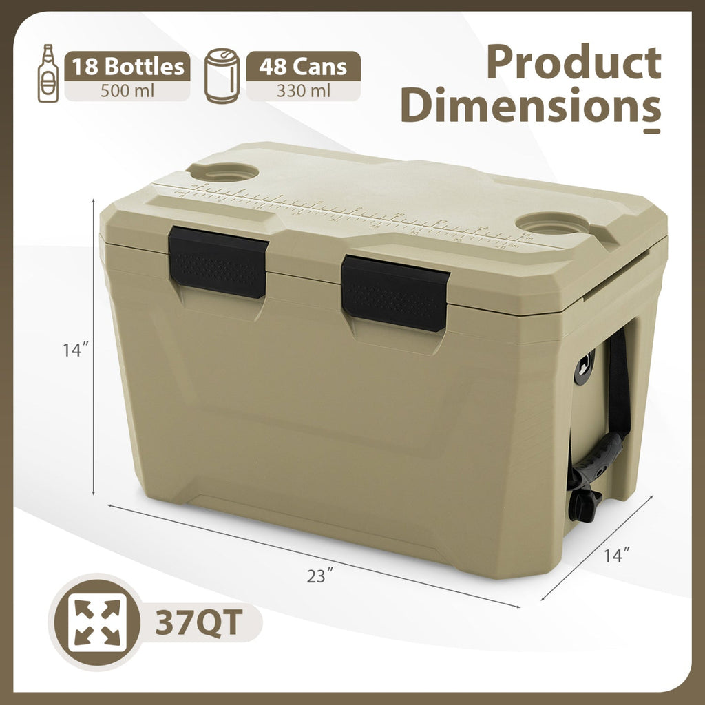 Insulated Portable Cooler Hard Shell Ice Chest with 2 Cup Holders Bottle Opener and Drain Plug