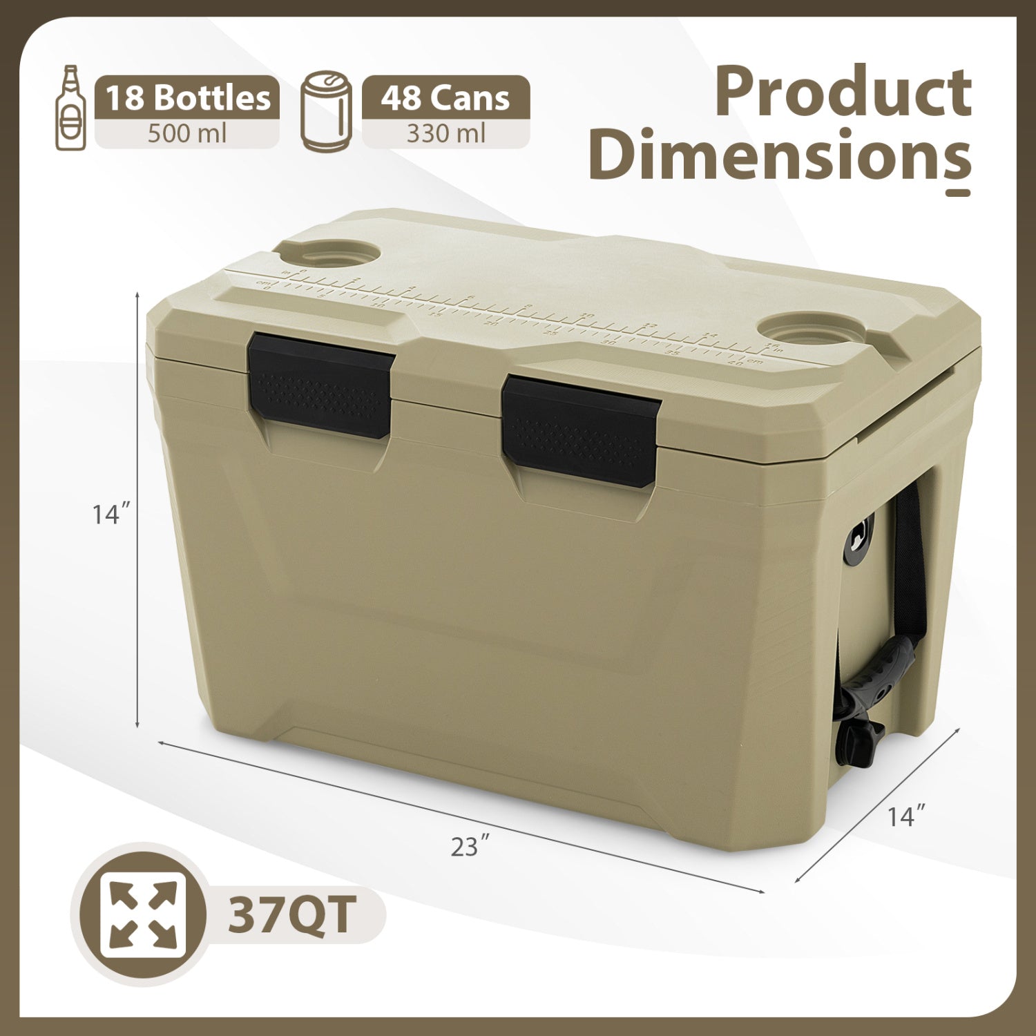Insulated Portable Cooler Hard Shell Ice Chest with 2 Cup Holders Bottle Opener and Drain Plug