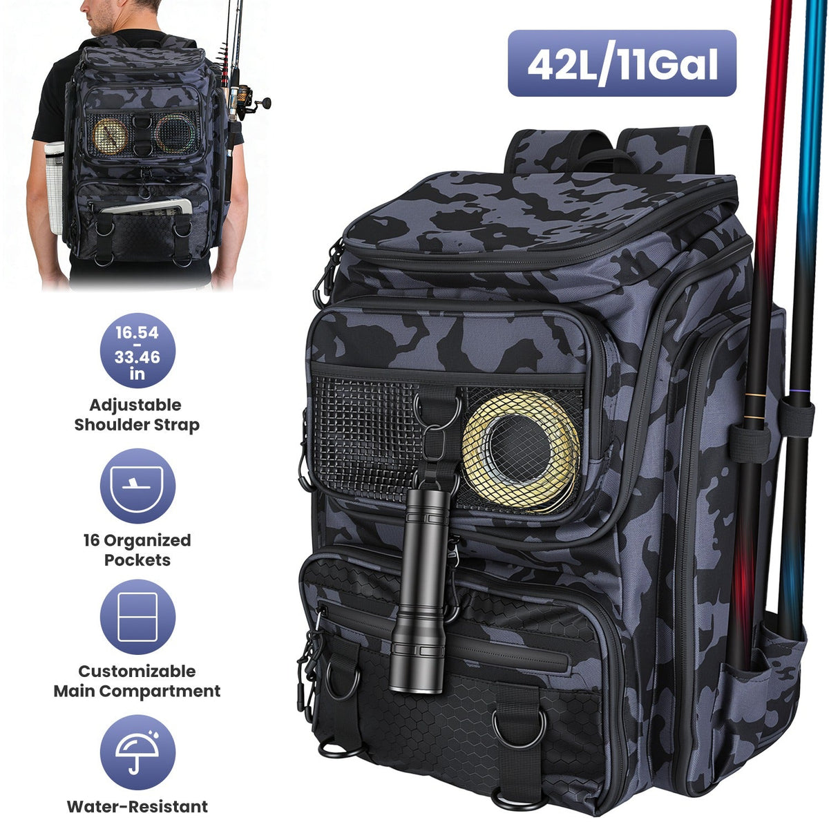42L/11Gal Fishing Backpack Large Capacity Fishing Tackle Storage Bag with Rod Holders 16-Pocket Water-Resistant – view 5