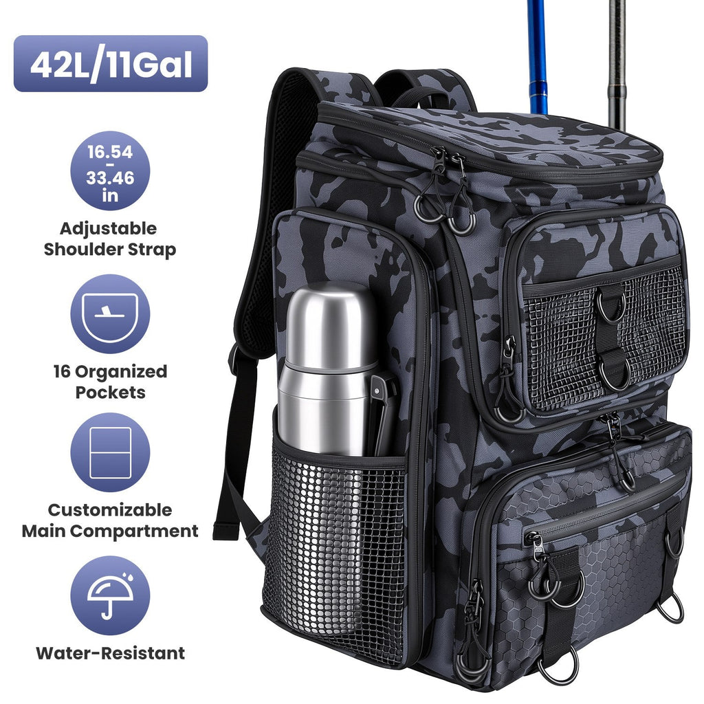 42L/11Gal Fishing Backpack Large Capacity Fishing Tackle Storage Bag with Rod Holders 16-Pocket Water-Resistant – view 4