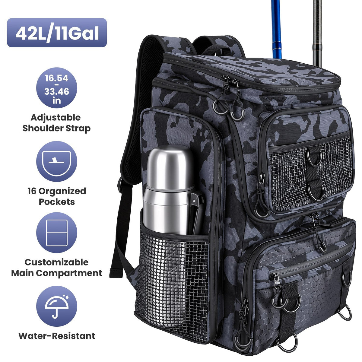 42L/11Gal Fishing Backpack Large Capacity Fishing Tackle Storage Bag with Rod Holders 16-Pocket Water-Resistant – view 4