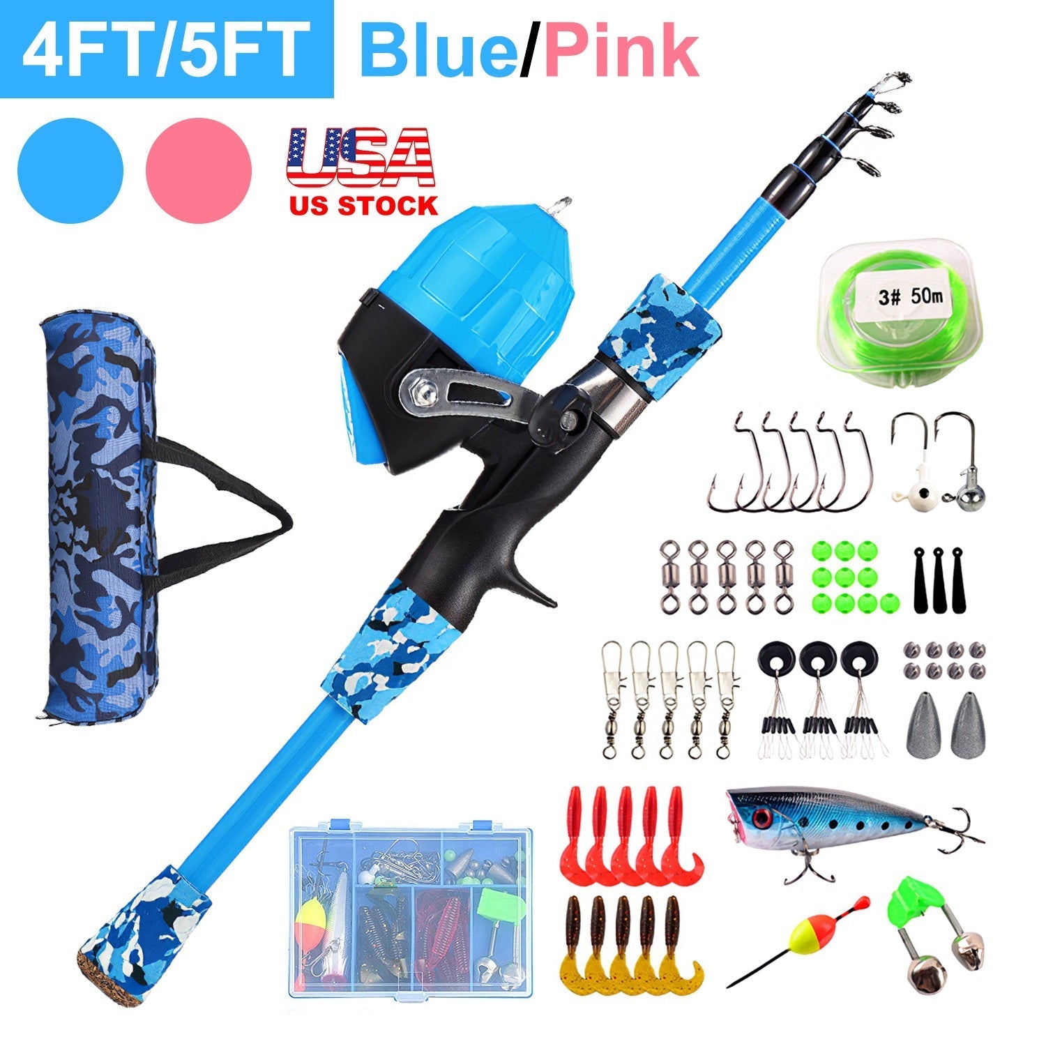 Kids Fishing Pole Set Fishing Starter Kit Telescopic Fishing Rod and Reel Combo Kit with Tackle Box 56Pcs Fishing Lures for Boys Girls