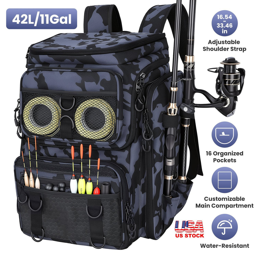 42L/11Gal Fishing Backpack Large Capacity Fishing Tackle Storage Bag with Rod Holders 16-Pocket Water-Resistant – view 6