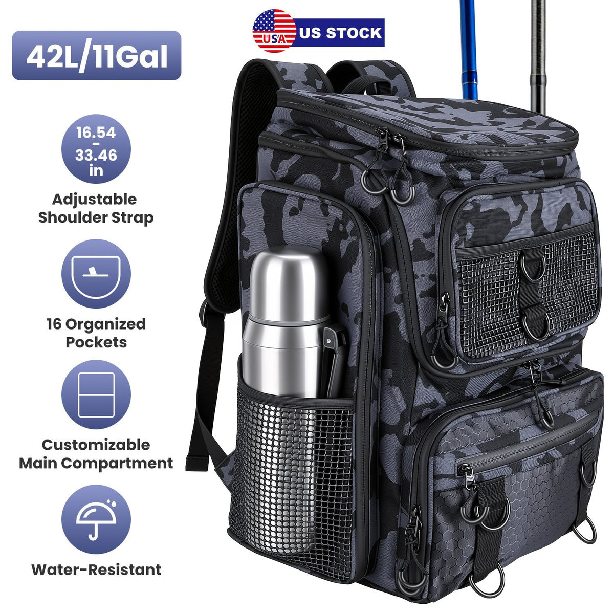 42L/11Gal Fishing Backpack Large Capacity Fishing Tackle Storage Bag with Rod Holders 16-Pocket Water-Resistant – view 7