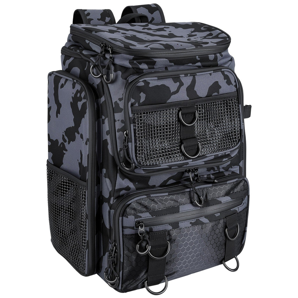 42L/11Gal Fishing Backpack Large Capacity Fishing Tackle Storage Bag with Rod Holders 16-Pocket Water-Resistant with Divider